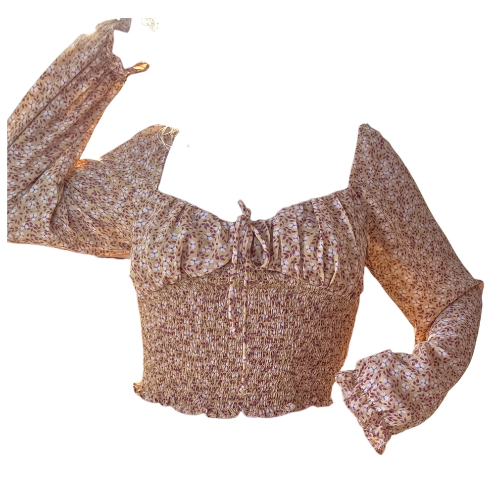 Smocked Floral Square-Neck Crop Top - Mustard Yellow Floral Print